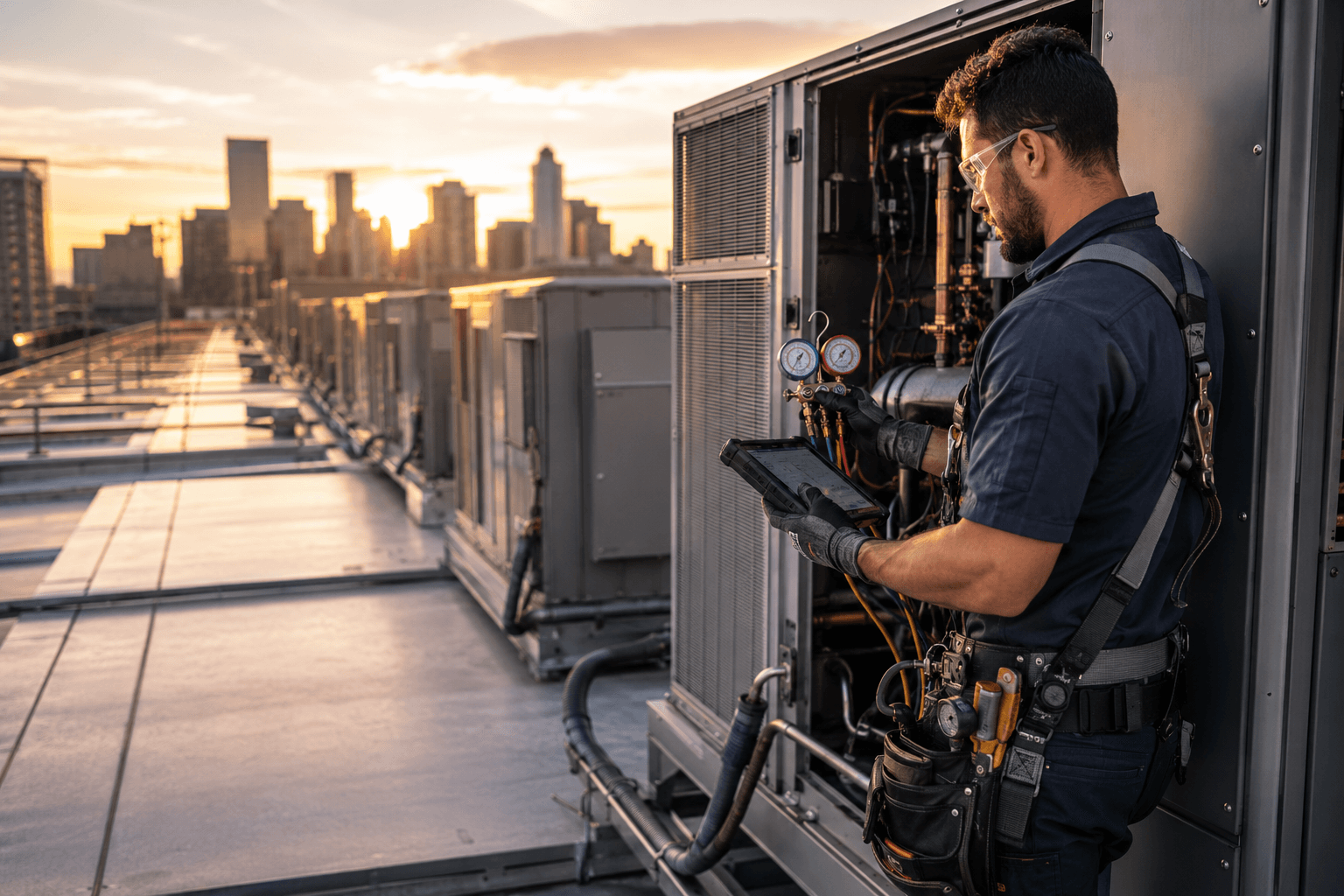 HVAC technician servicing a rooftop unit at sunset